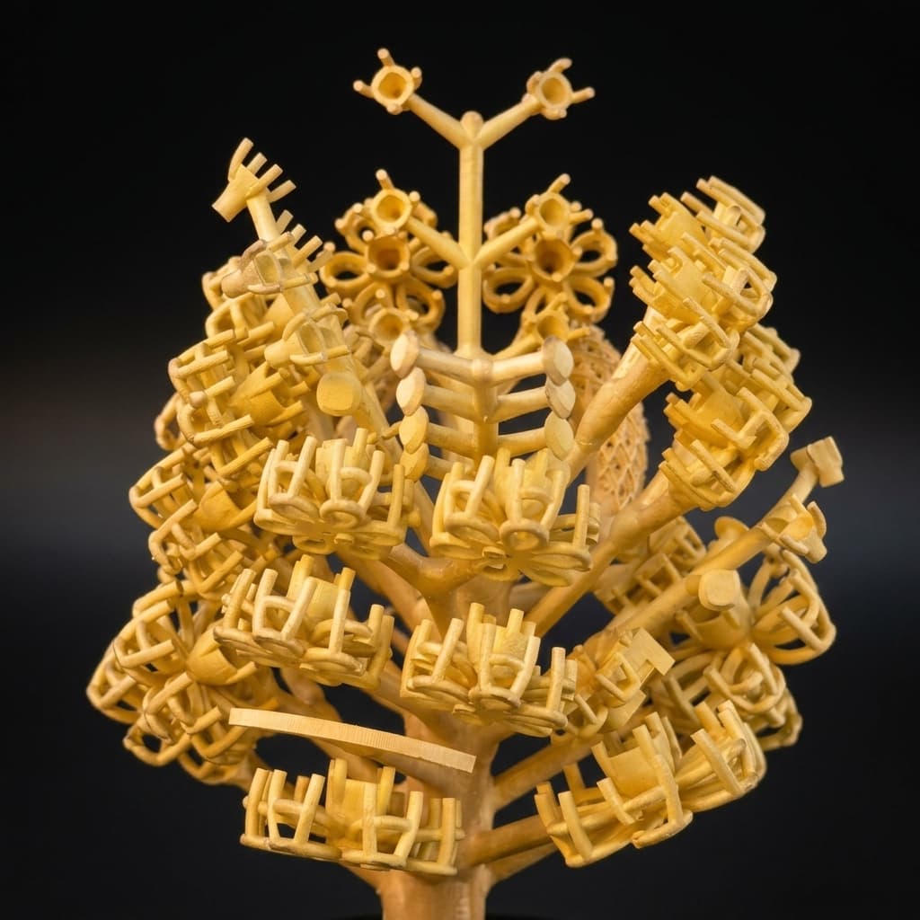 Detailed macro shot of gold casting tree branch structure
