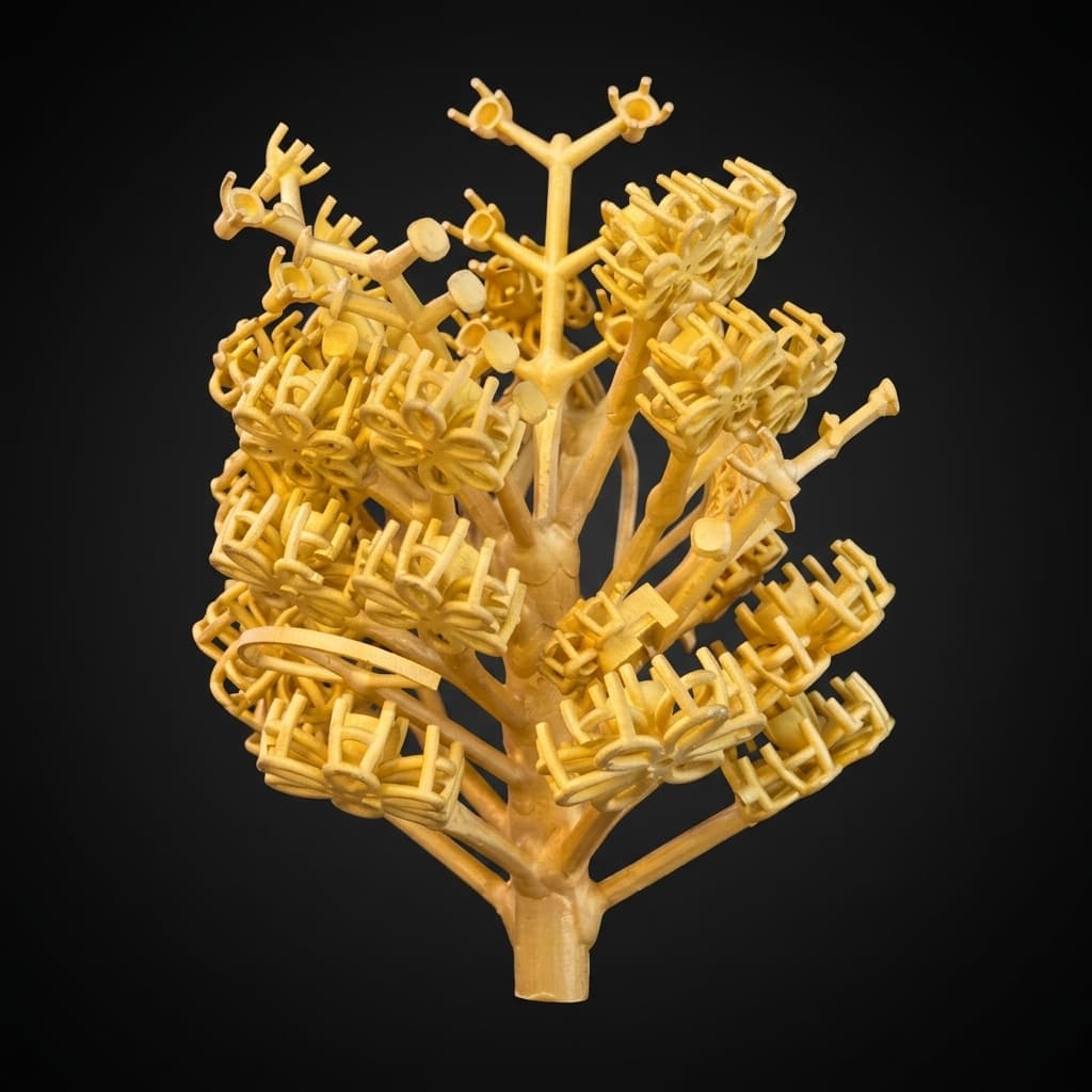 Full gold casting tree showing branching structure with jewelry pieces attached