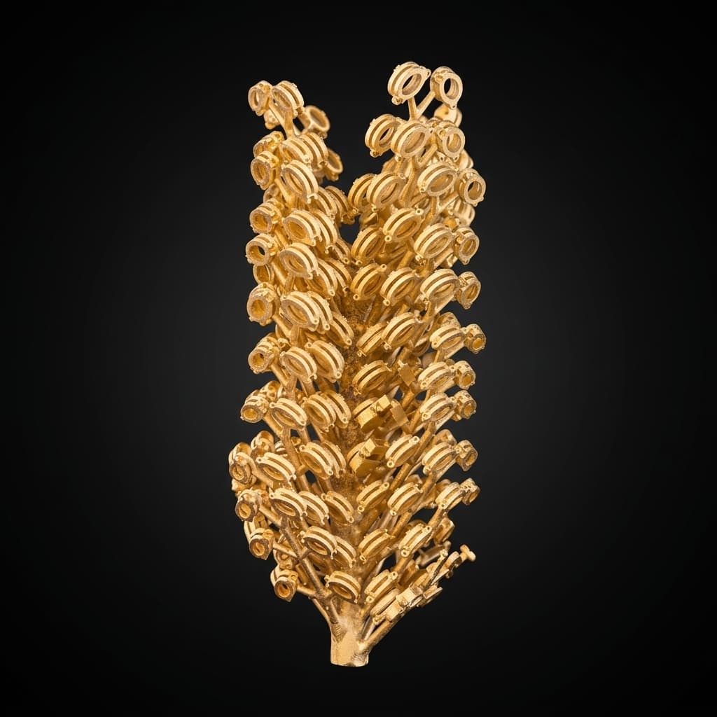 Detailed gold casting tree with ring and pendant forms attached to branches