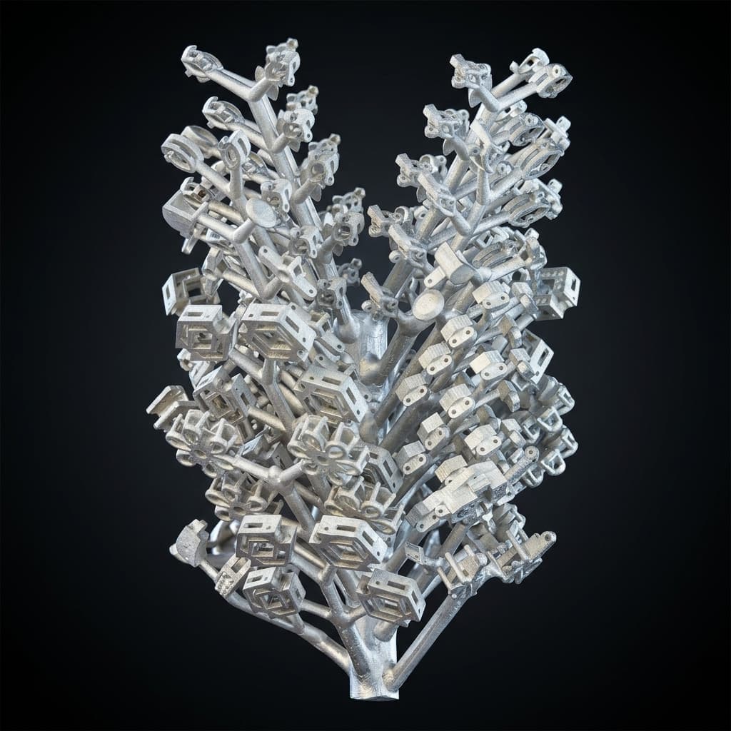 Silver jewellery casting tree with multiple geometric pieces attached